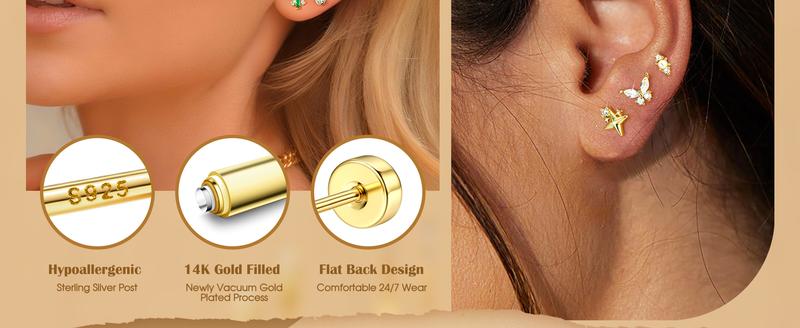 ORAZIO 925 Sterling Silver Flat Back Stud Earrings for Women Hypoallergenic 14K Gold Plated Cartilage Earrings for Sensitive Ears Small CZ Opal Conch Helix Tragus Piercing Jewelry 3 Pairs 20G