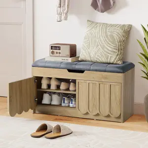 Giratree Shoe Storage Bench with Cushion, Entryway Shoe Cabinet Bench with 2 Scalloped Doors & Adjustable Shelf, 2-Tier Shoe Rack Organizer Cabine for Entryway, Hallway, Living Room