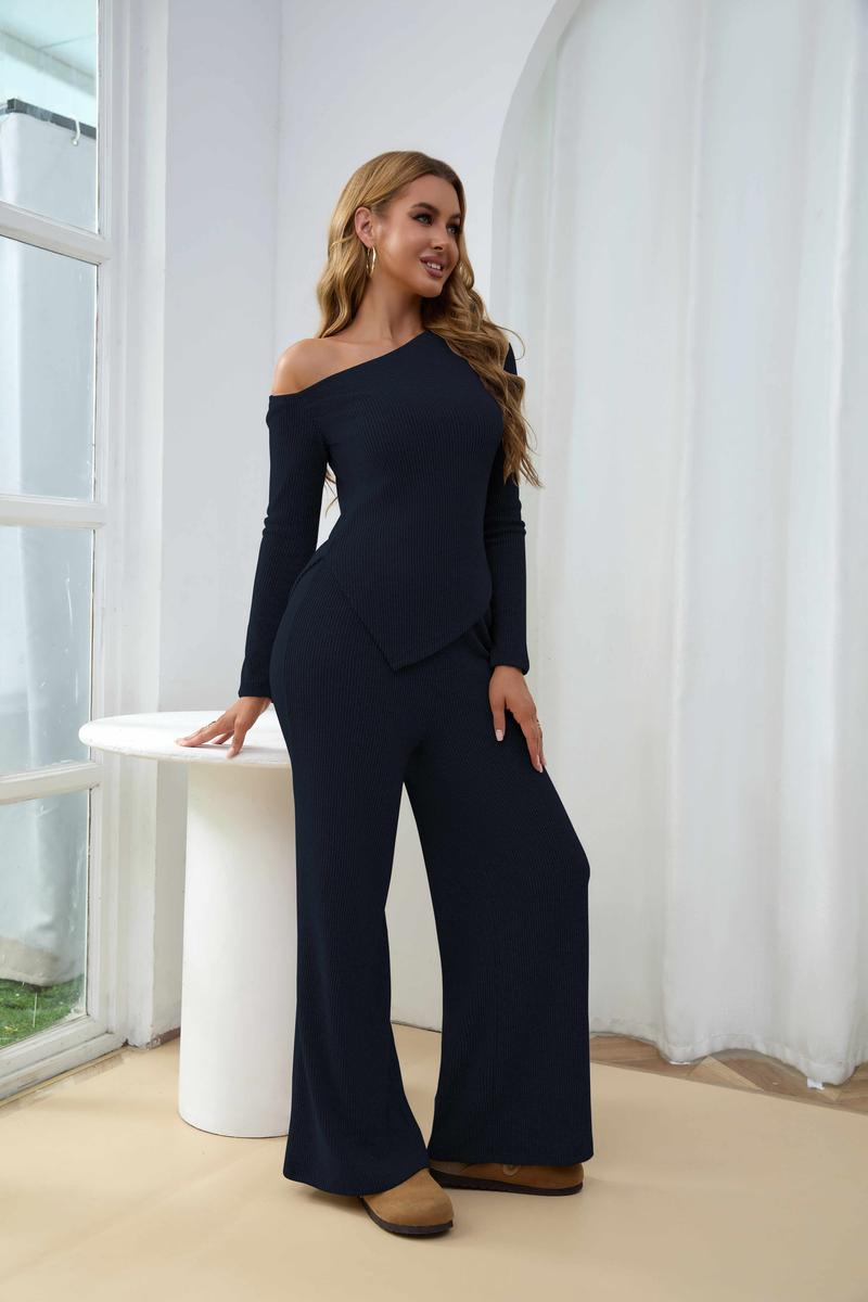 USBoutique Chic Sherpa Set for Women Asymmetric Shoulder Top & High Waist Wide Leg Pants Soft Winter Outfit Beige Color Womenswear Clothes Suits Trouser