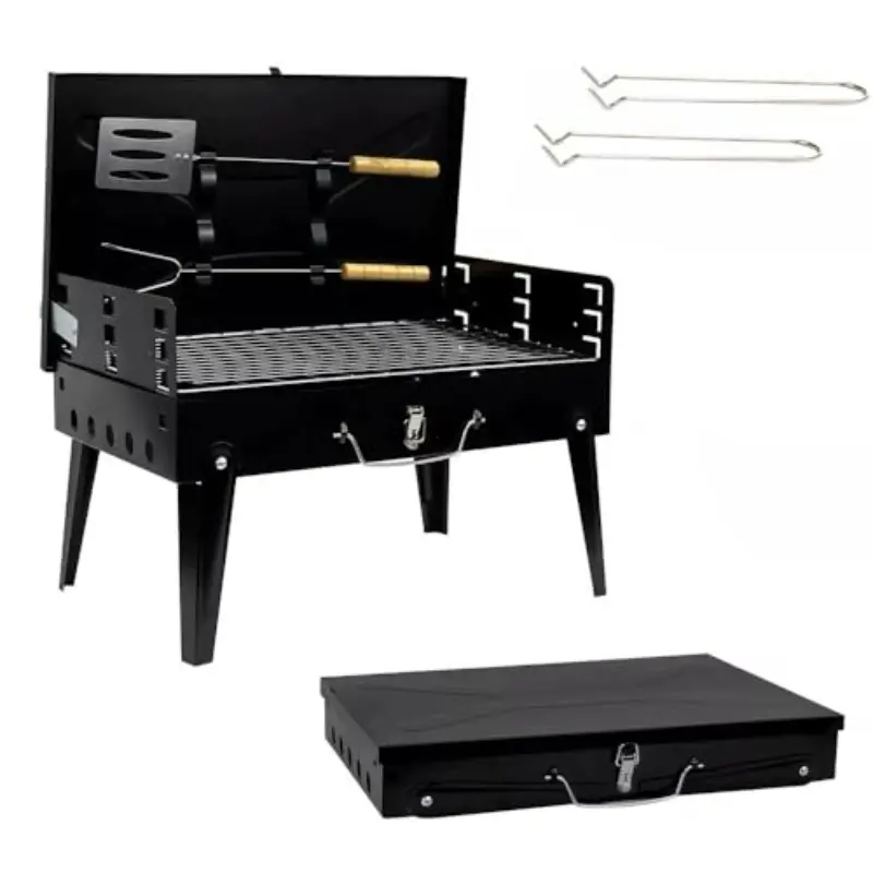 17-Inch Portable Charcoal Barbecue Grill, Foldable Stainless Steel Camping Equipment with Adjustable Height, Tools, Dust-Proof Design, Collapsible Legs for Backyard Gear, Outdoor Camping & Picnics (Stews, Boiling Water, Skewer Use)