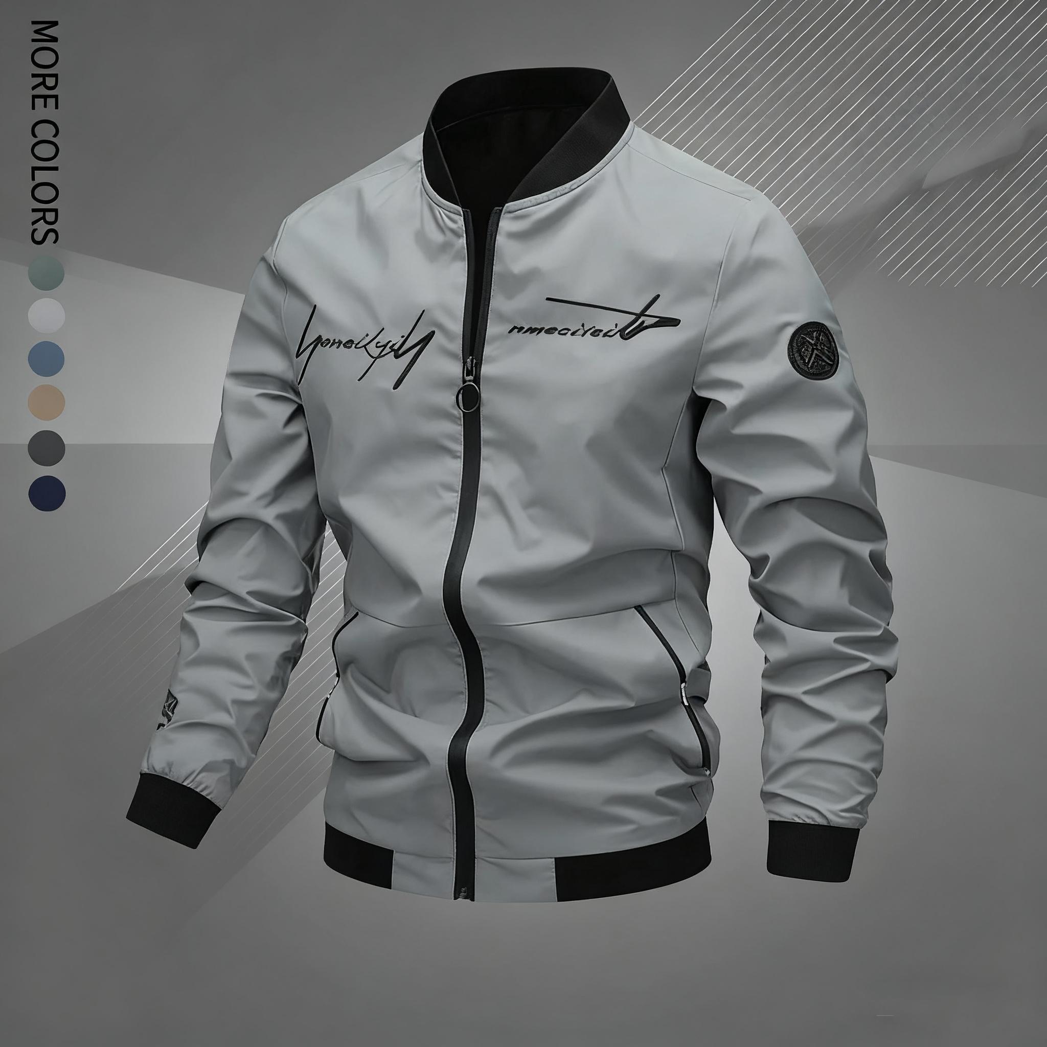 Men's Regular Fit Letter Embroidered Zip Up Pilot Jacket, Autumn Winter Casual Long Sleeve Windproof Baseball Collar Coat, Men's Everyday Wear, Men's Jacket, Black Casual Outdoor Jacket, Suitable for Work, Travel, and Daily Use Machine Washable Polyeste S