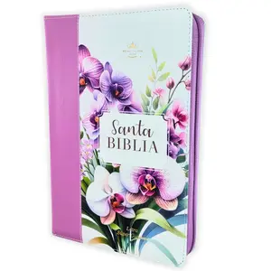 Biblia para Mujer con Cierre Letra Super Gigante 19 puntos Mediana RV1960 imit piel floral lila orquidea con indice y canto floral