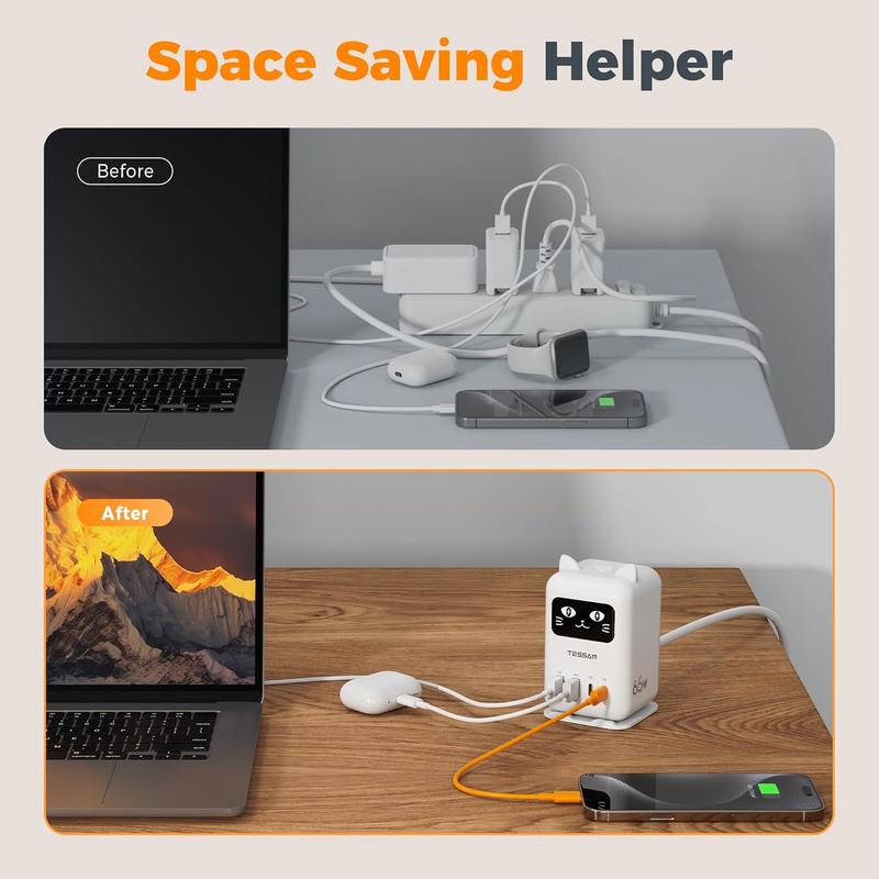 Tessan PD 65W Lucky Cat USB Charging Station for Multiple Devices, Desktop Tower Cat-Shaped Charging Companion with 4 USB Ports for Smartphones, Tablets, Pads and Other Electronic Devices in Office Home Dormroom