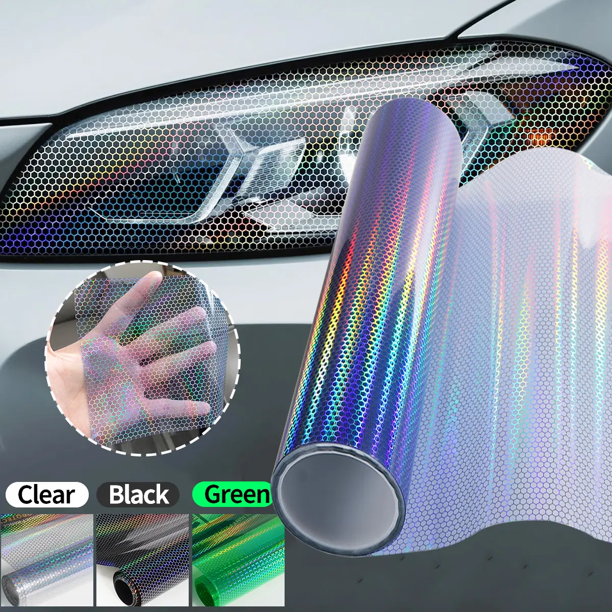 12 Colors Laser Honeycomb Light Film, Vinyl Wrap for Car Headlights & Taillights, Cool Color-Changing Effect, Protective Automotive Decal Sticker, Car Stickers