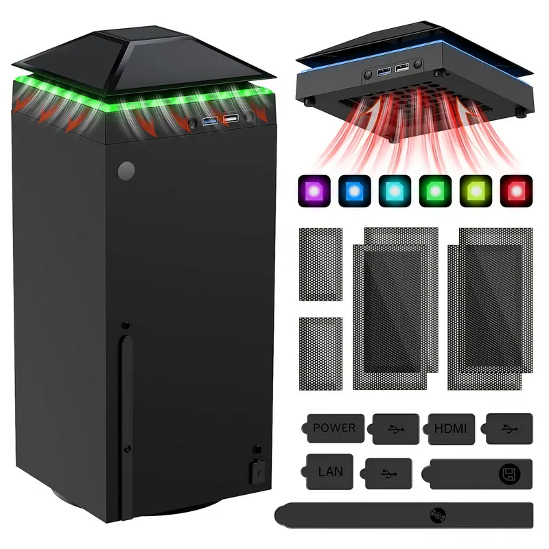 MENEEA Low-Noise 3-Gear Cooling Fan Top for Xbox Series X Console - Dust-Proof Cover Filter, Rubber Plugs, Independent Touch Switches, Colorful Lights, 6 Monochromes, 1 Mixed Color, 2 USB 3.0 Ports, Gaming Accessory