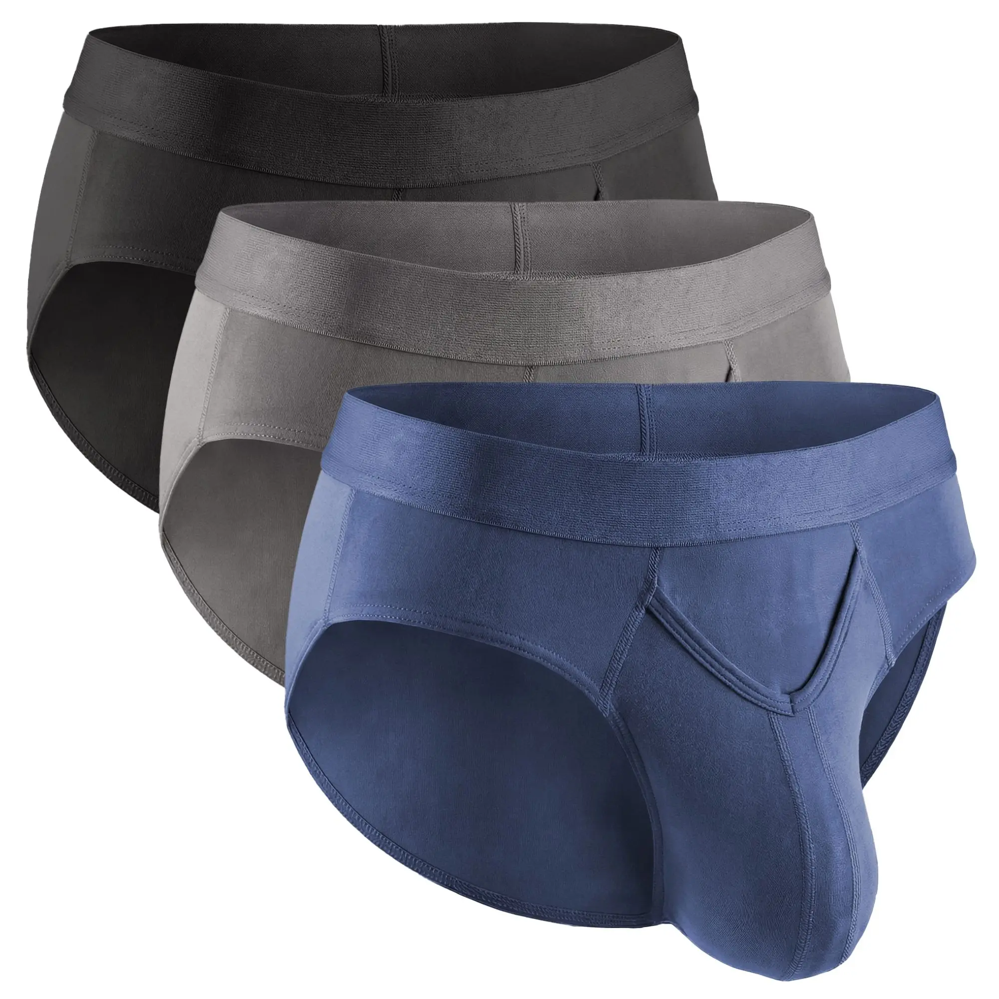 Men's Soft Personalized Brushed Nylon-Spandex 0in V-Fly Briefs, 3-Pack (Black, Denim, Gray)