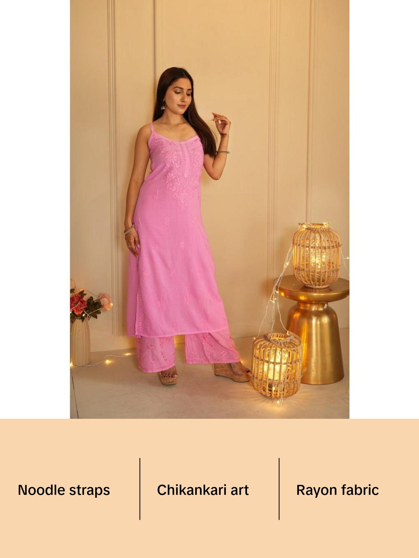 Zia noodle strap chikankari Set in pink