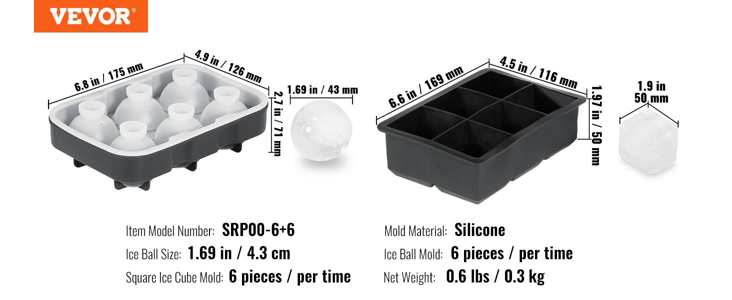 VEVOR Ice Cube Trays (Set of 2), 2-in-1 Combo with Silicone Sphere Ice Ball Maker & Large Square Ice Cube Maker with Lid, Reusable Easy Release BPA Free Ice Tray Set for Whiskey Cocktails Bourbon Kitchen Utensils