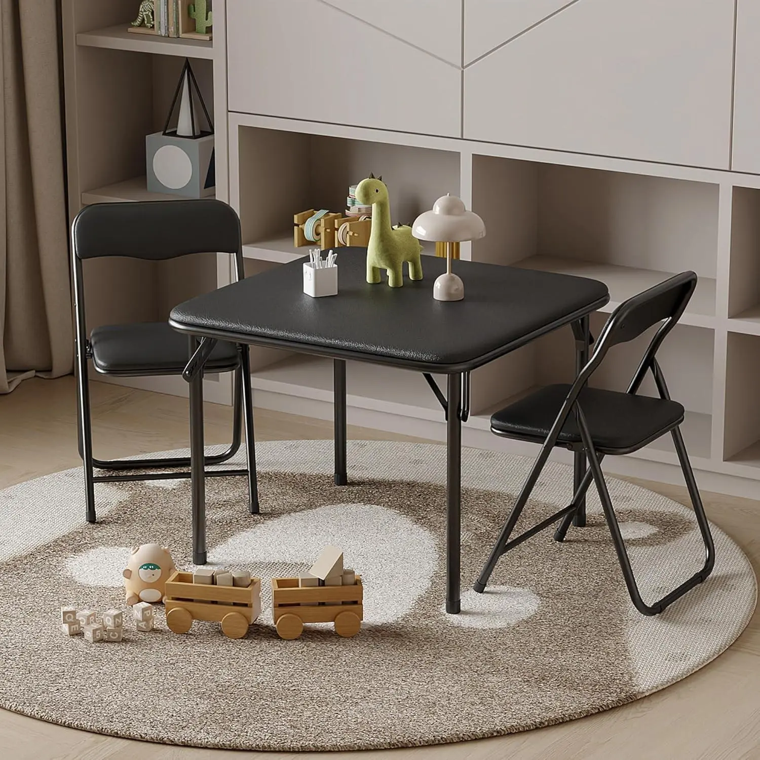 Black 3-Piece Compact Ergonomic Folding Square Indoor Dining Table Set - Portable Table, PU Cushioned Chairs, No Assembly Required, Ideal for Kitchens, Eating, Reading, Dining Table Sets, Furniture Set