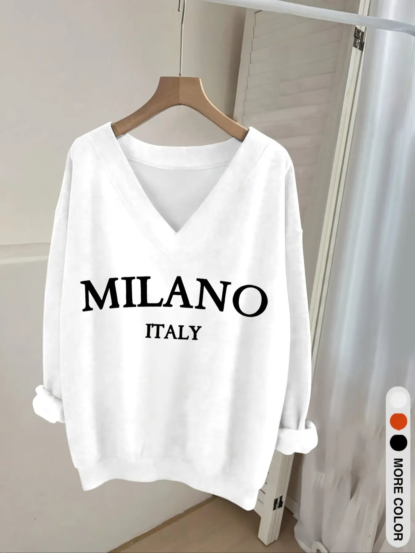 Women's Casual V-Neck Long Sleeve Sweatshirt Top with Letter Print and Ribbed Hem, Elegance Chic Style for Fall & Winter, Single Wear or Layered