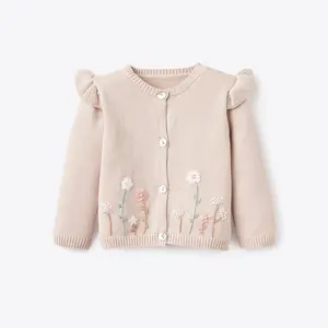 Taupe Flutter Sleeve Hand-Embroidered Baby Cardigan