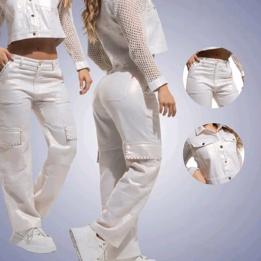 Women's 2-Piece Casual Fashion Set - Rhinestone Denim Jacket and White Satin Cargo Pants Outfit with Comfortable Fit and Unique Style, Lady, Jeans