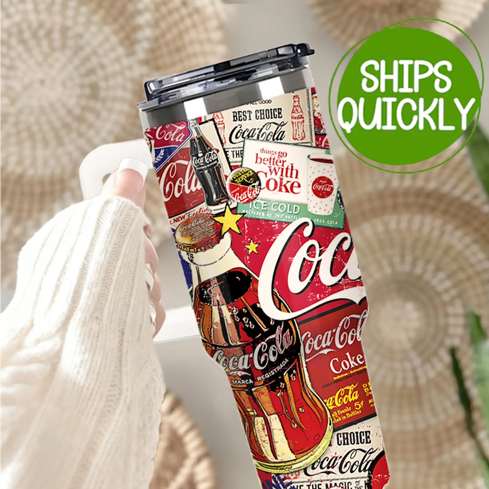 40oz Insulated Tumbler With Handle And Straw Lid - Double Wall Stainless Steel Travel Mug, Cupholder Friendly Reusable Water Bottle, Retro Pop Art 40oz Travel Tumbler,  Large Capacity Vacuum Insulated Mug With Grip Handle And Straw, Vintage Tumbler