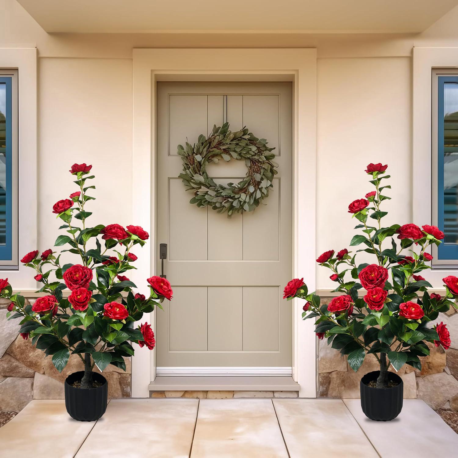 2 Pcs 3-foot Camellia Tree with Decorative Pebbles, Flower Pot, 24 Realistic Flowers, 188 Leaves for Indoor, outdoor courtyard Home Decor