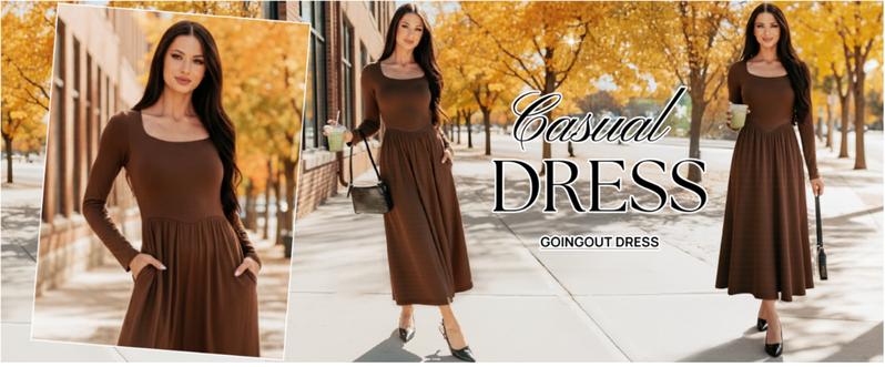 ZESICA Fall Dresses for Women 2025 Elegant Classy Square Neck Long Sleeve Flowy Wedding Guest Party Midi Dress