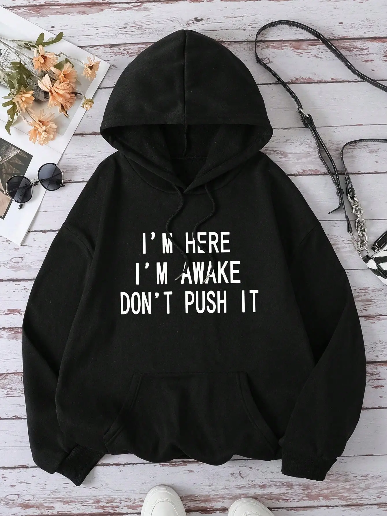 I'm Here I'm Awake Don't Push It Minimal Text Hoodie, 270G Brushed Fleece Oversized Black Hooded Sweatshirt, Simple Distressed White Slogan Front Print, Funny Introvert Meme Casual Streetwear Pullover For Men Women Teens