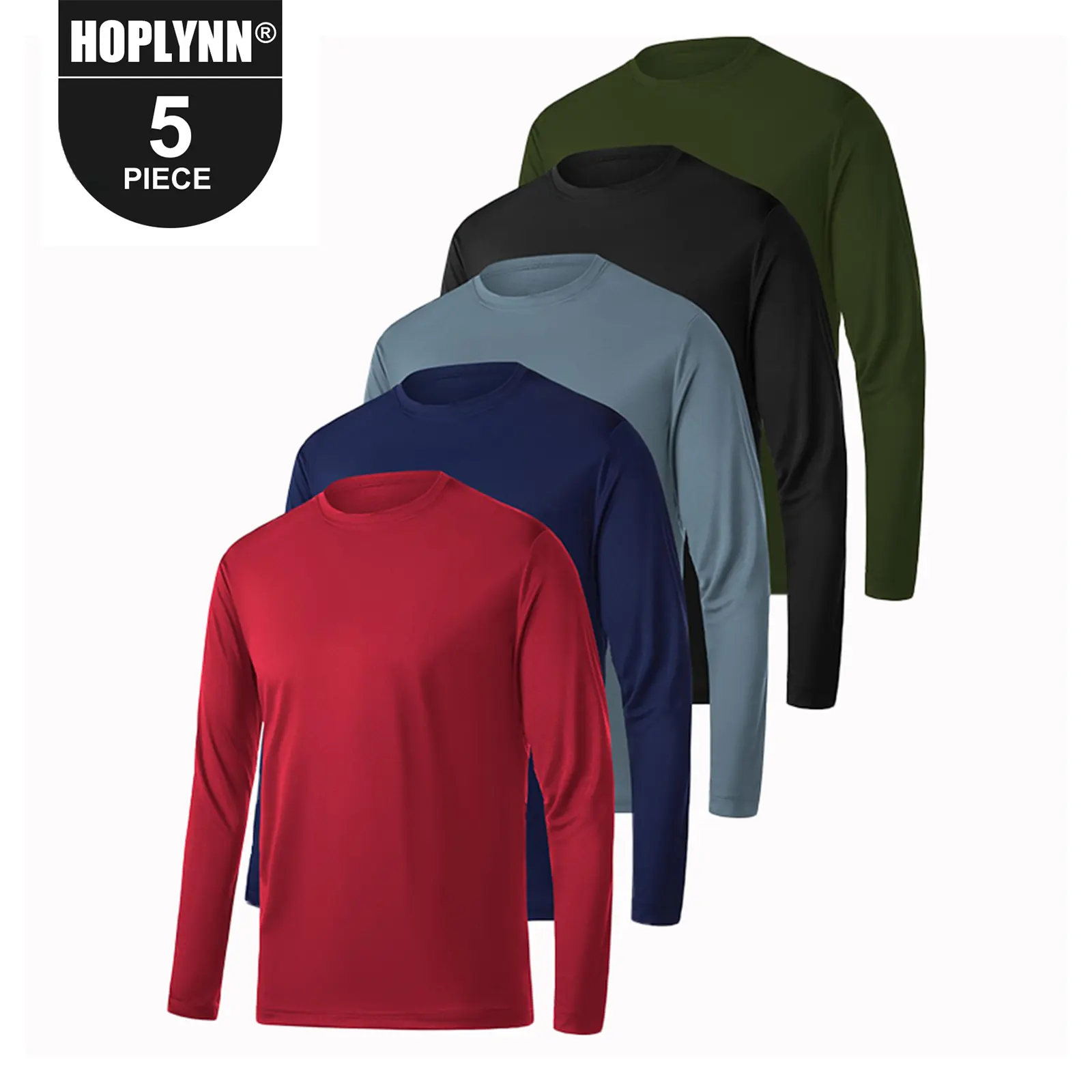 HOPLYNN 5 Pack Men's Athletic crew neck Long Sleeve Fishing Shirts for Men Sun Protection Shirts Lightweight Rash Guards workout tops  gym outfits   gym fits  workout clothes  men,travel essentials,camping essentials