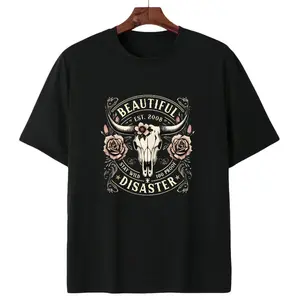 Women's Western Cowboy Graphic T-Shirt - Black Short Sleeve Crew Neck Top with Bull Skull & Floral Design, "" Vintage 2008 Text, Casual Spring/Summer Tee for Outdoor & Casual Attire