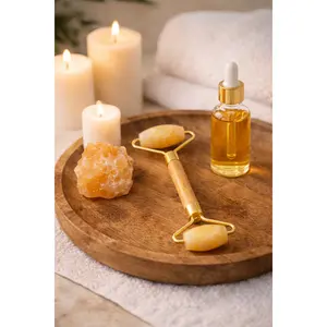 Orange Calcite Facial Roller – Bamboo Handle, Natural Stone Skincare