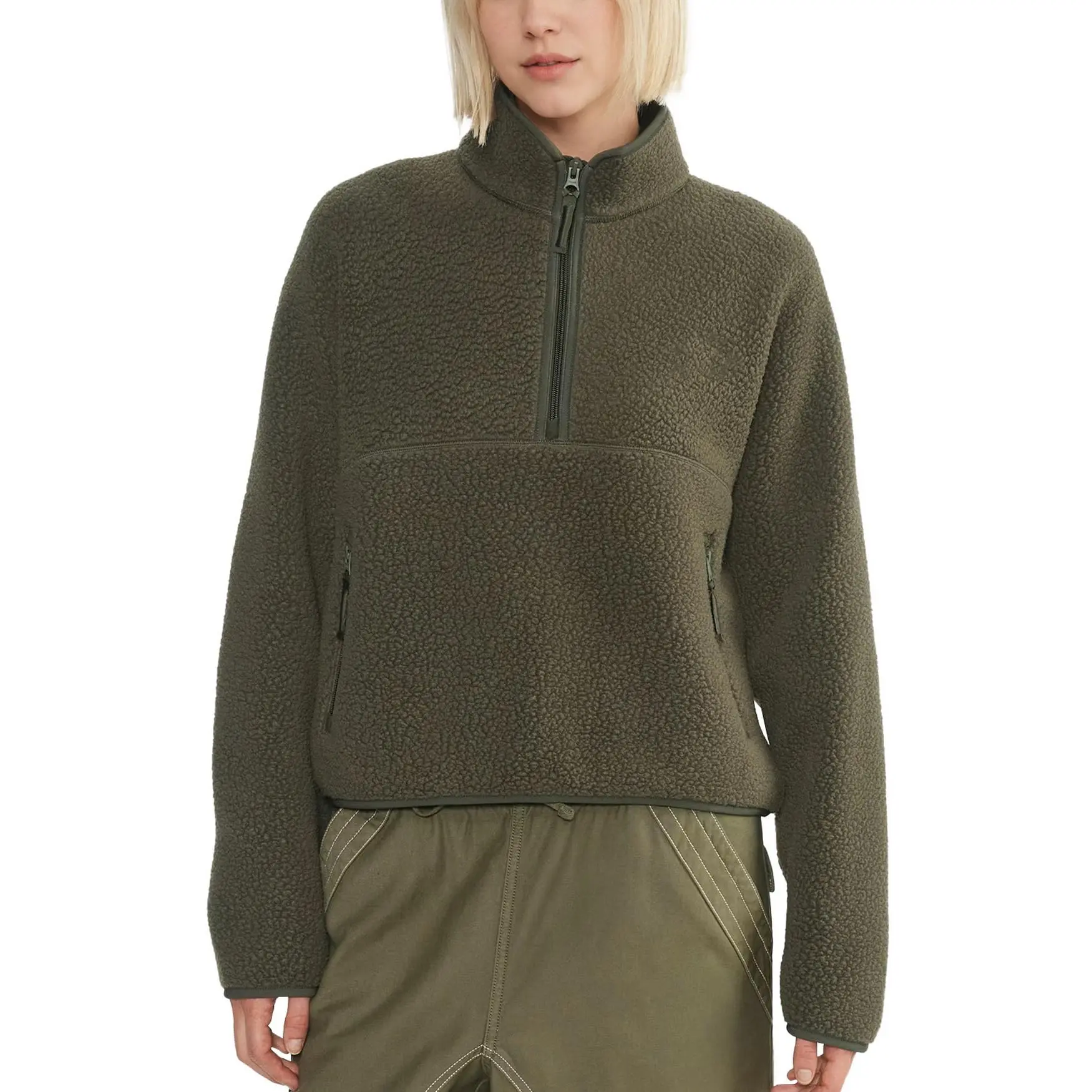 Hixiaohe Women's Sherpa Fleece Cropped Pullover, Casual Long Sleeve Half-Zip Style Tops with Zipper Pockets, Fabric, Basic, Minimalist, Polyester, Cargo