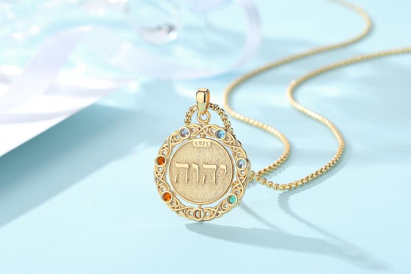 Eudora S925 Sliver Tetragrammaton Necklace, YHWH Pentagram Amulet with Seven Chakras & CZ, Rotatable Hebrew Jehovah Pendant, Esoteric Protection Jewelry Gift