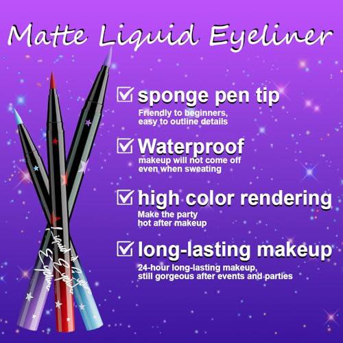 evpct 6Pcs Matte Eyeliner Set Pack Waterproof Smudge Proof, Lavender Purple Sky Royal Blue Red Brown Black Eye Liner for Face Body Paint, Longwear Eyeliners Waterline Thin Quick-dry 02