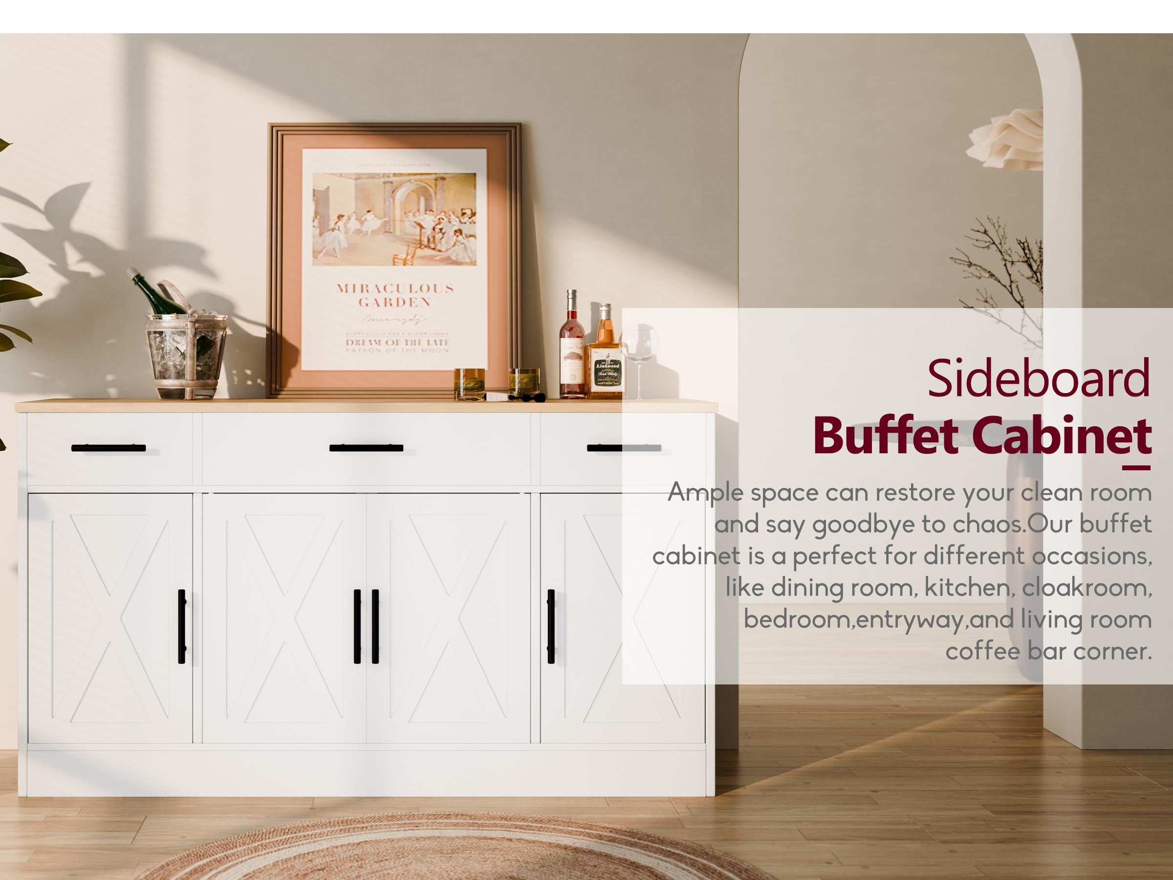 Walsunny Kitchen Buffet Sideboard Cabinet with 4 Doors and 3 Drawers, Entryway Adjustable Storage Shelf, Farmhouse Coffee Bar Cabinet for Kitchen, White