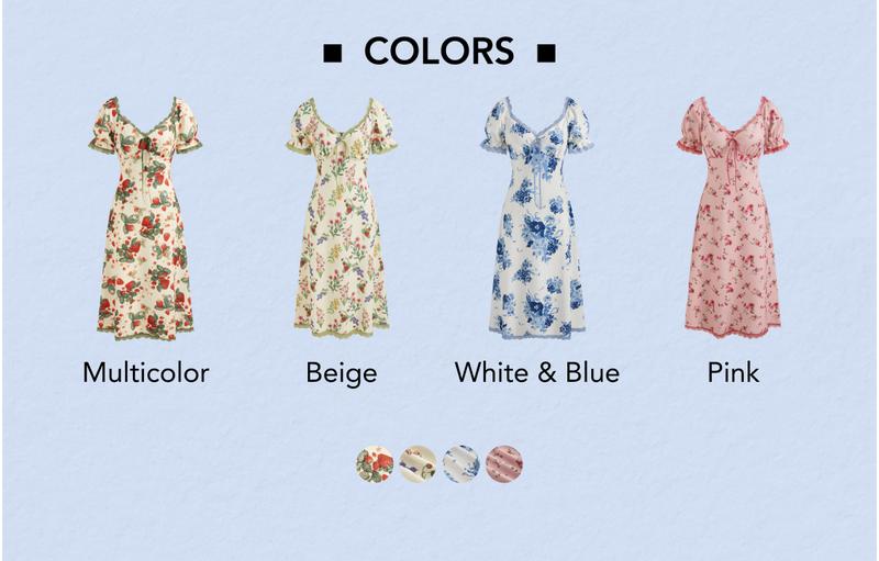 Cider [3 colors, size 0-26] Square Neck Strawberry Graphic Contrasting Lace Trim Midi Dress, Casual Fashion