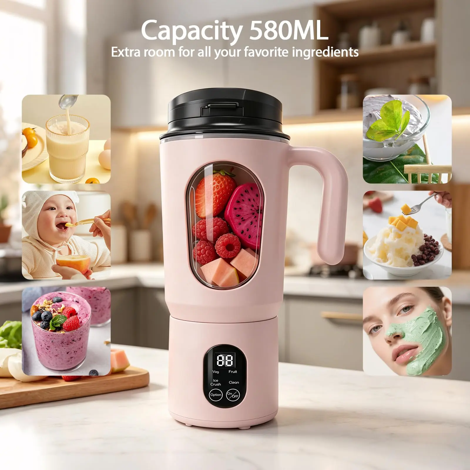 Cordless 2-in-1 USB-Rechargeable Compact Mini Blender Juicer, 12-Blade 580ml Detachable Cup, Digital Display, 4 Modes, Easy To Clean, W/ Straws & Cleaning Brush, Smoothie Maker for On-The-Go Users Cordless Blender Blenders For Smoothies Blenders For Kitch