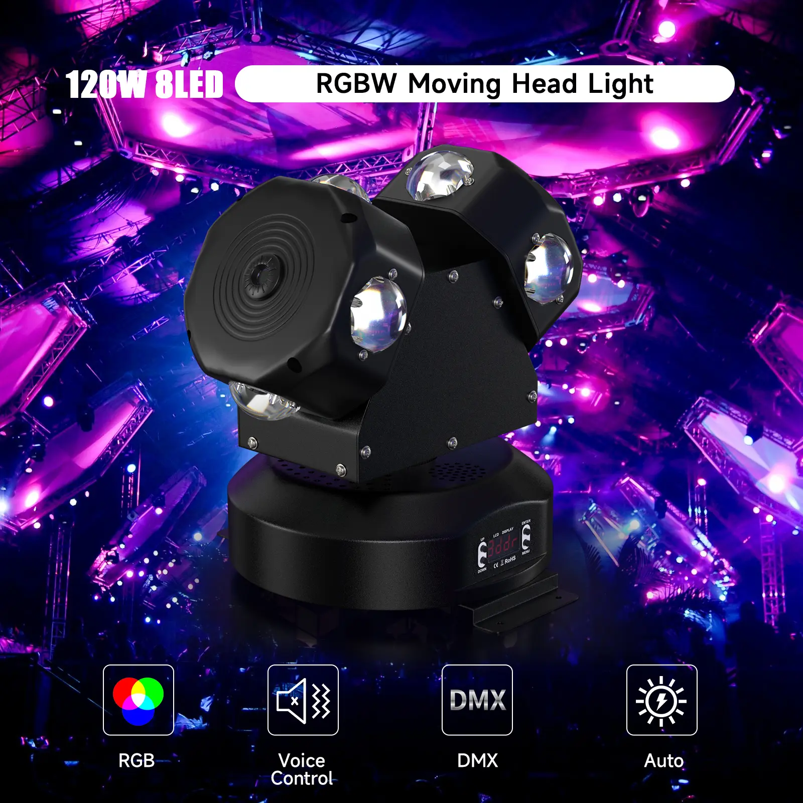 Areyourshop 120W 8LED Moving Head Beam Light 540°Rotating RGBW Stage Lighting for Home Party Clubs DJs