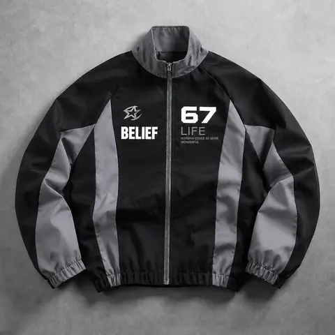Men’s Color-Block Stand Collar Zip-Up Windbreaker - Retro College Y2K Streetwear Outfits, Letter Graphic Print, Nostalgiacore Lightweight Casual Track Jacket, Long-Sleeve Fall Outerwear for Campus, Travel, Men’s Fashion Jackets Zip Up