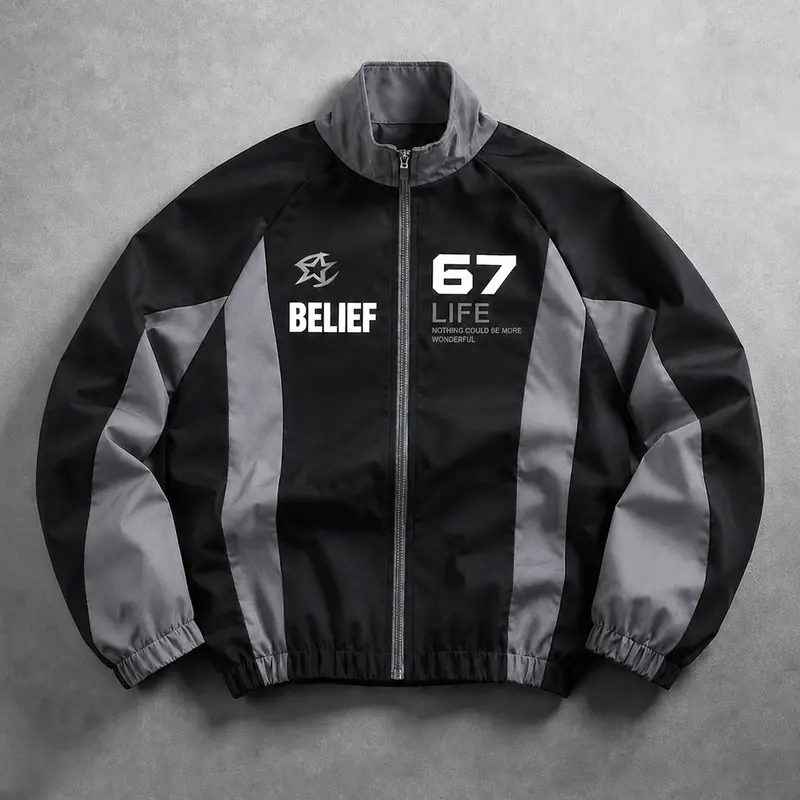 Men’s Color-Block Stand Collar Zip-Up Windbreaker - Retro College Y2K Streetwear Outfits, Letter Graphic Print, Nostalgiacore Lightweight Casual Track Jacket, Long-Sleeve Fall Outerwear for Campus, Travel, Men’s Fashion Jackets Zip Up