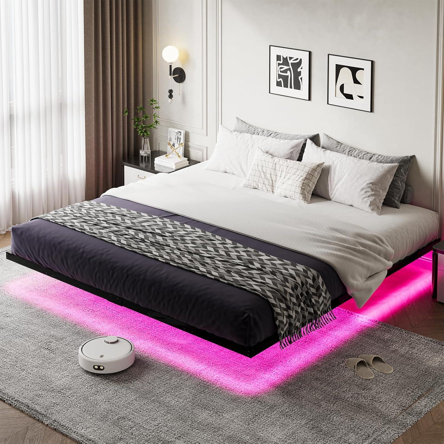 HOMBCK Floating Bed Frame with LED Lights,  No mattress, Metal Platform with Heavy Duty Steel Slats, No Box Spring Needed, Easy to Assemble