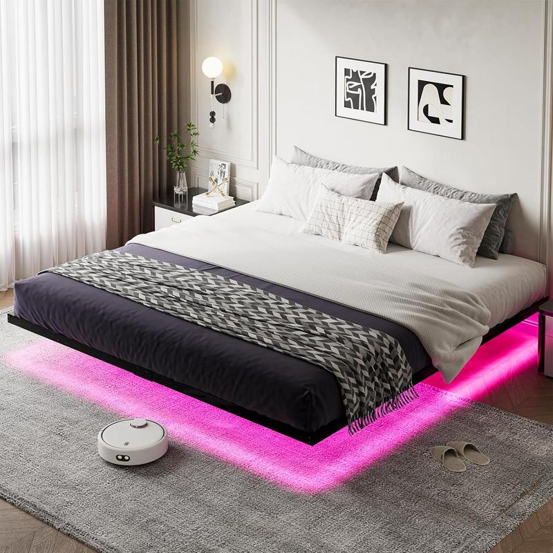 HOMBCK Floating Bed Frame with LED Lights,  No mattress, Metal Platform with Heavy Duty Steel Slats, No Box Spring Needed, Easy to Assemble