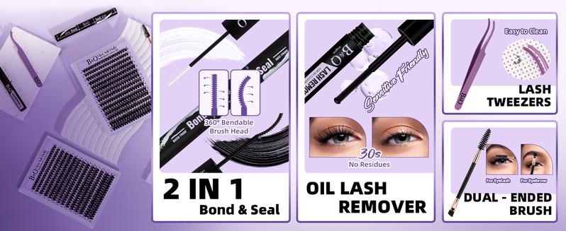 B&Q 200D Kit l Dramatic Soft Mega Volume Lashes,D-Curl, Updated Silk Protein Material Clusters,DIY Lashes Extension, Week Long Lasting Valentine Gif