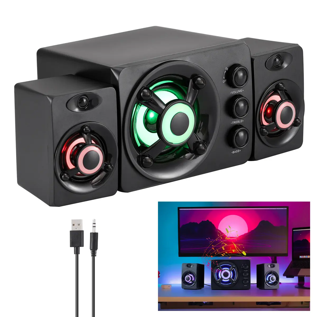 Universal Computer Wired Speakers with Subwoofer 3-Channel Separate Laptop Stereo Speakers with LED USB Powered 3.5mm AUX Multimedia Speaker System,back to school,back to school haul
