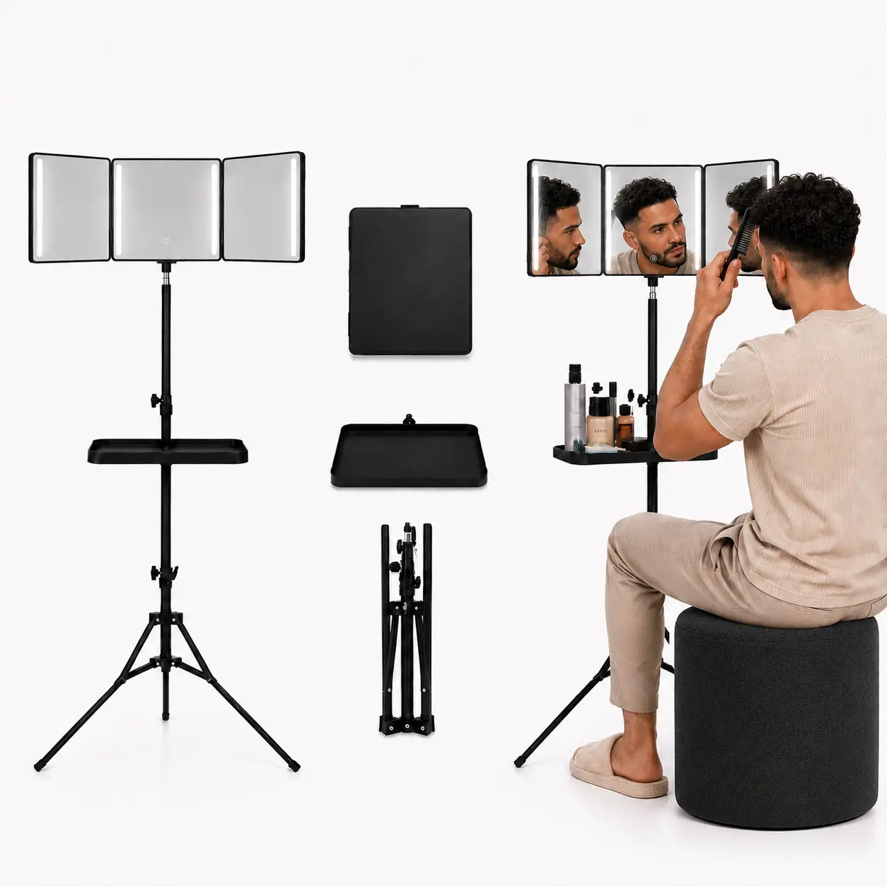 360° Rotatable Vanity Mirror with Light Set - 4 LED Lights, Adjustable Tripod Stand, Clamp-On Tray, Foldable Cordless Rechargeable for Home Travel DIY Hair Styling Grooming (Enhanced Visibility)