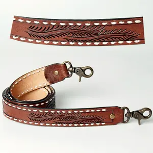 American Darling Genuine Leather Purse Strap with Feather Embroidery and White Stitching for Stylish Handbags