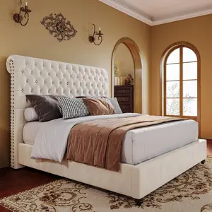 AMERLIFE 52.8" High Bed Frame with Sleigh Headboard, Modern Velvet Upholstered Platform Bed with Deep Button Tufted Headboard/Studded Trim, Queen/King Size/Unique Bedroom Furniture/Best Gift Ideas/Christmas Gifts