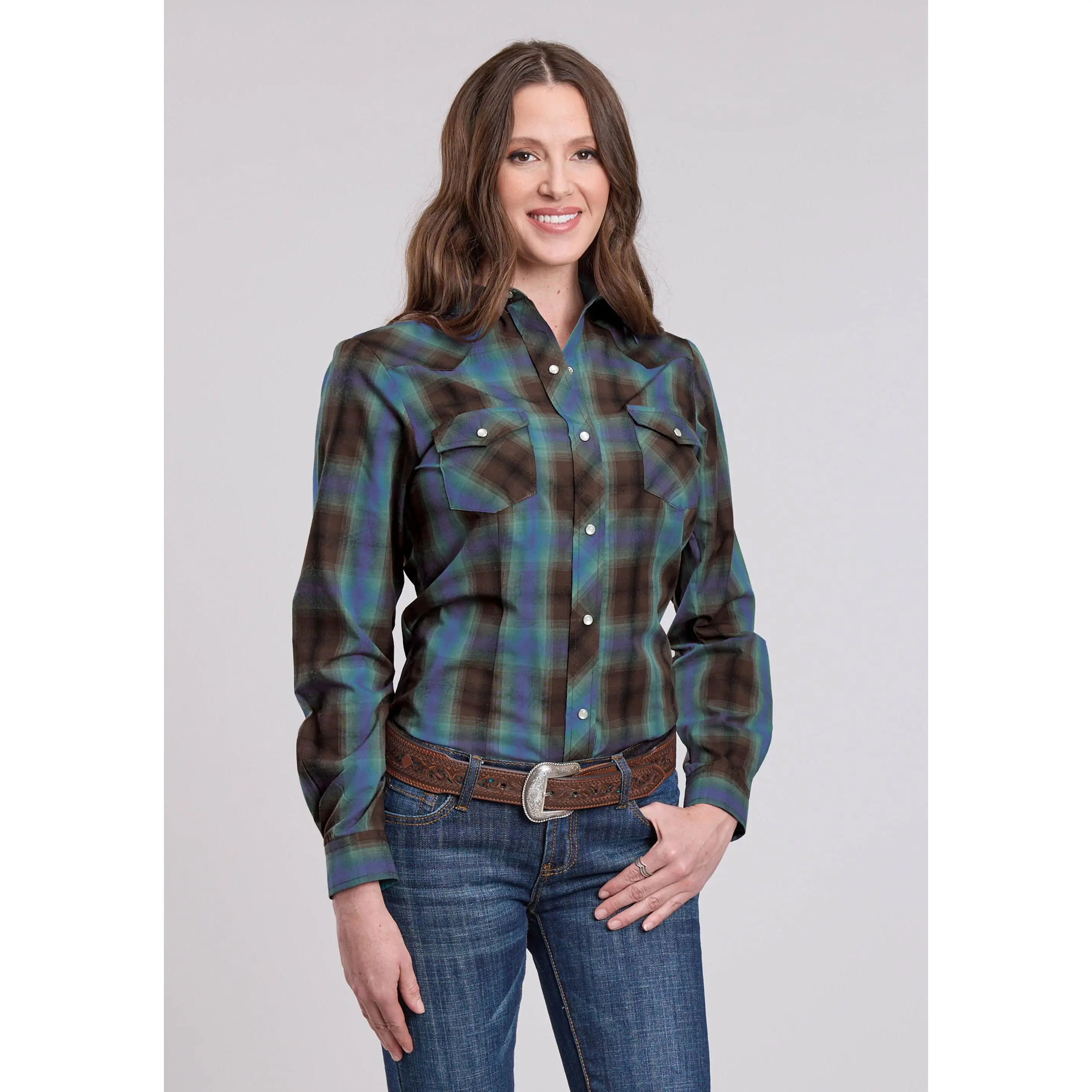 Womens Long Sleeve Snap Turquoise Cobalt Chocolate Plaid Western Shirt