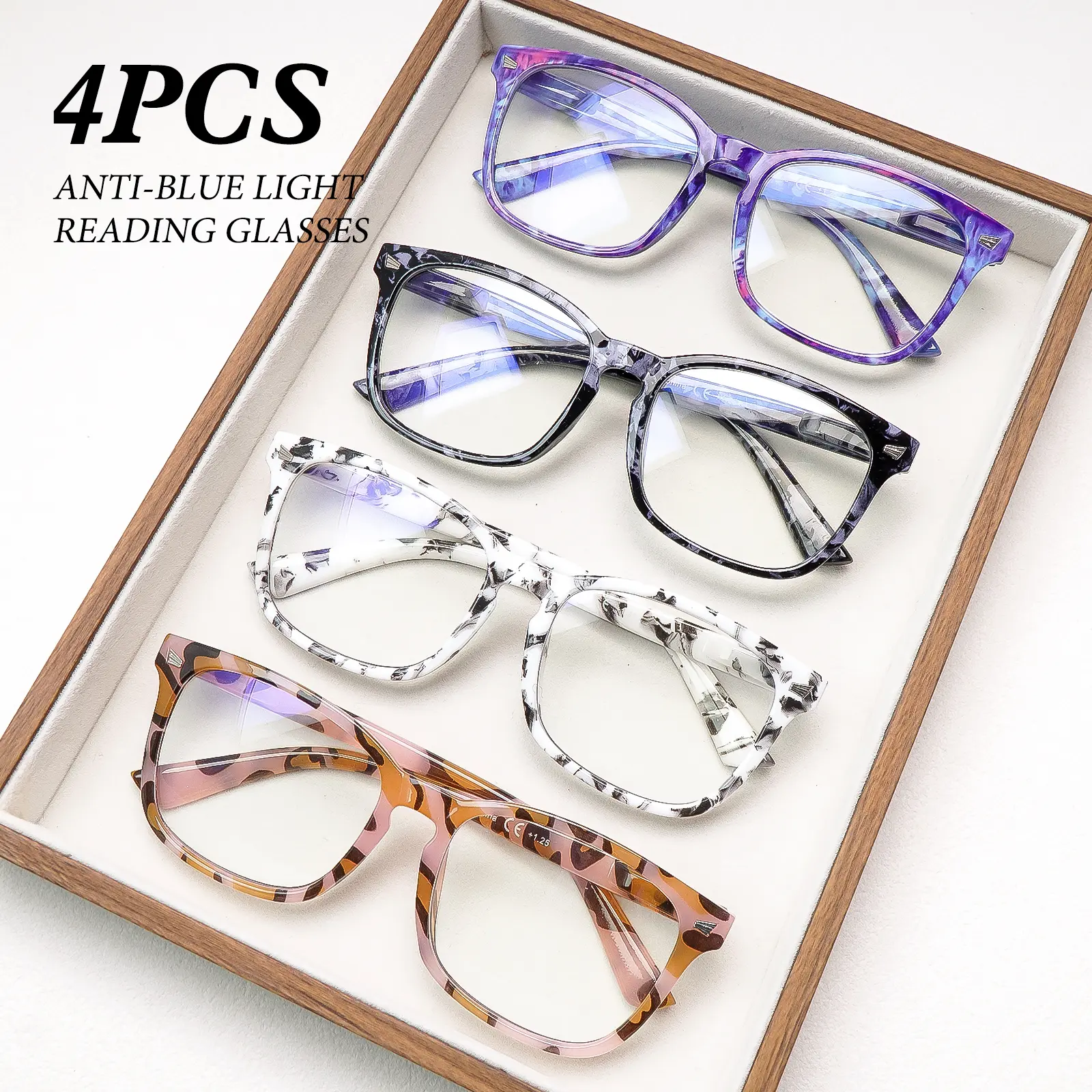 4 Pack Reading Glasses for Women, Blue Light Blocking Oversized Square Frame Fashion Eyewear, Lightweight Spring Hinge Readers