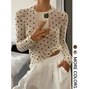 Women's Long Sleeve Polka Dot Loose Fit Top, Casual Round Neck Blouse, Ladies Fashion Shirt for Daily Wear, Comfortable and Stylish（gift）