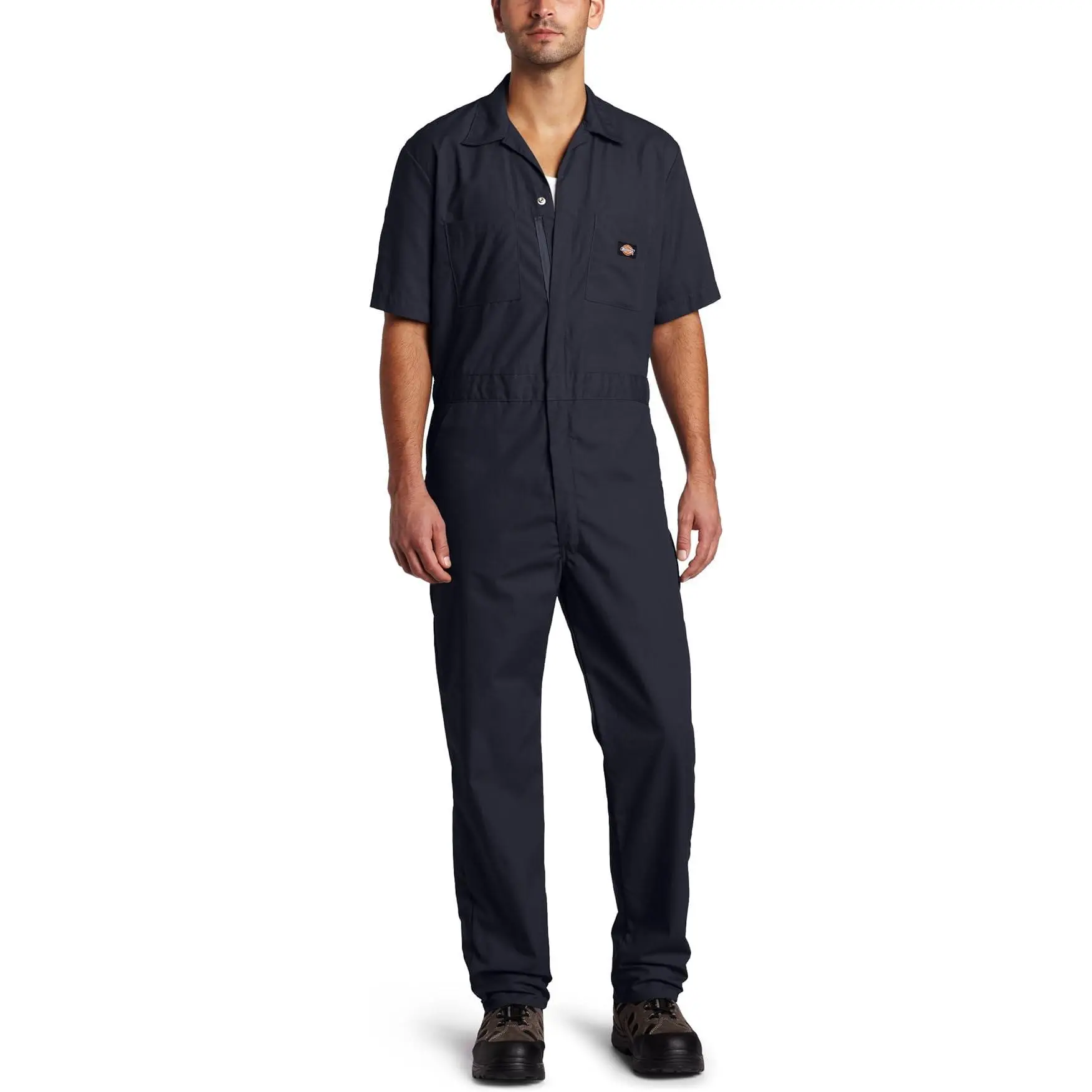 Dickies Men's Short-Sleeve Coverall - Menswear Workwear, Generous Fit Solid Poplin Blend, Elastic Waist, Pocketed Snap Pockets, Work Uniform
