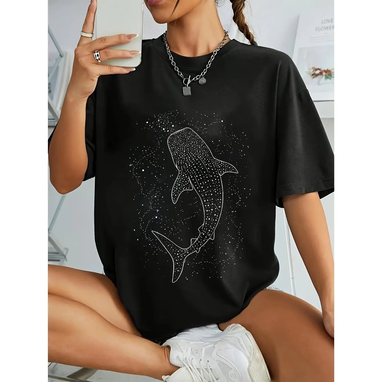 Starry Whale Shark Print Black Womens Tee |   Crew Neck Regular Fit Short Sleeve, Summer Indoor Daily Casual Outfit
