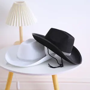 Cowboy Hats Wide Brim Rhinestone Cowgirl Hat for Women Girls Themed Party Stylish Black & White Options