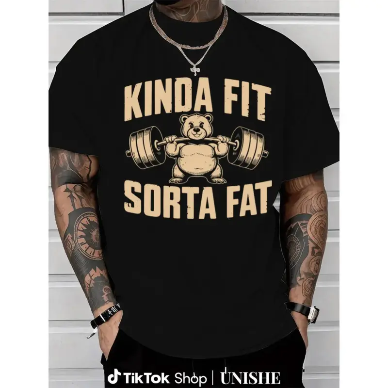 Men's 180g 100% Cotton Oversized Heavyweight Short-Sleeve Tee, Printed Weightlifting Bear Graphic Top, Unisex Cut, Round Neck, for Gym & Streetwear, Check Sizing Chart, XXL