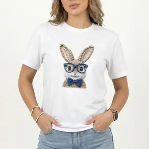 Easter Bunny Knitted Look T-Shirt for Women, Nerd Rabbit Graphic Tee, Cute Spring Easter Shirt, Vintage Crochet Style Bunny Shirt