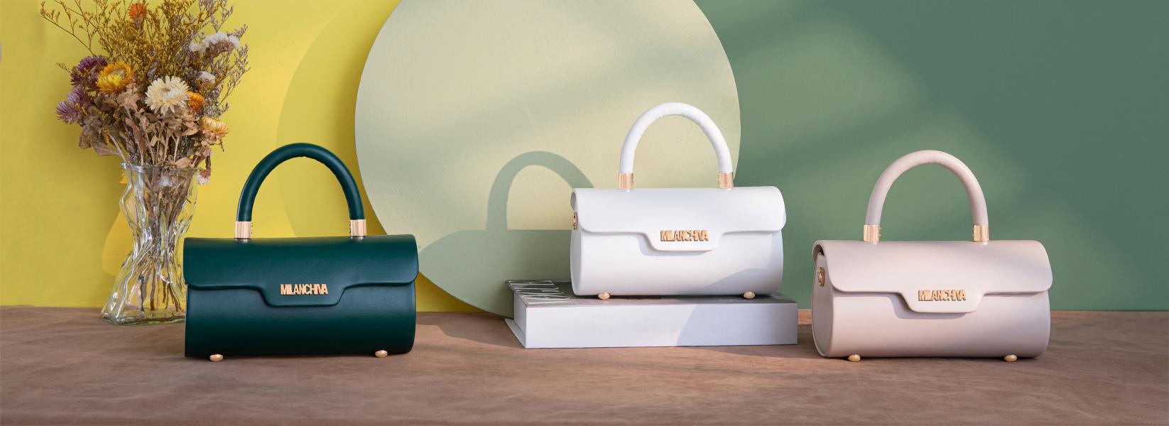 Milan Chiva Small Purses for Women Designer Mini Top Handle Purse Barrel Shape with Detachable Crossbody Strap Spacious Interior 8L x 4W x 4.2H