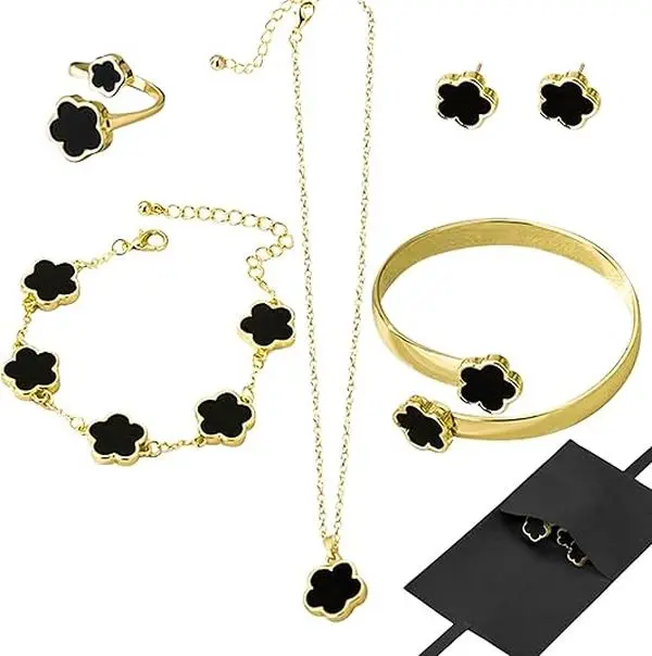 Women's 5-Piece Polished Clover Pendant Jewelry Set - Gold-Plated Clover Necklace, Earrings, Bracelet Jewelry, Gold Ring, Bangle, Hypoallergenic Alloy Lucky Flower Symbol Accessories, Mother’s Day/Birthday Gift