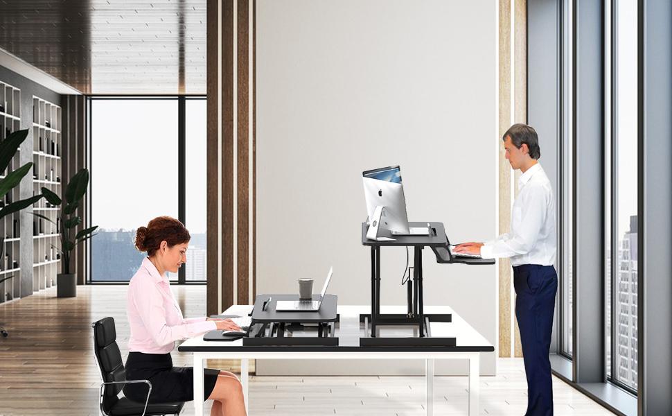 WGCTEK Ergonomic Home Office Standing Desk Converter 32 Inches Adjustable Height with Keyboard Tray Black Versatile Workstation for Enhanced Posture and Productivity